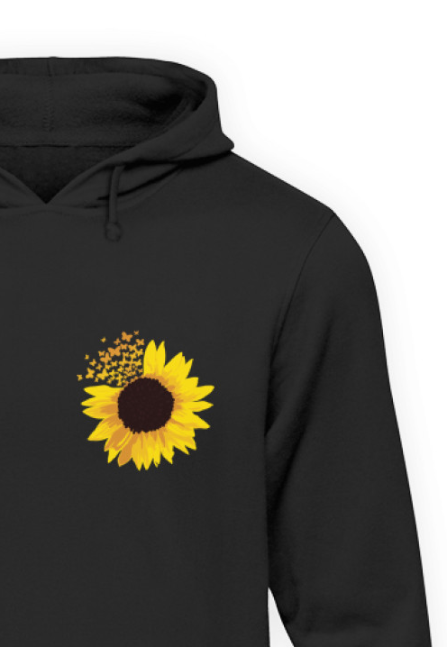 Sonnenblume mit Schmetterlingen (Brusttaschenmotiv) - Unisex Hoodie